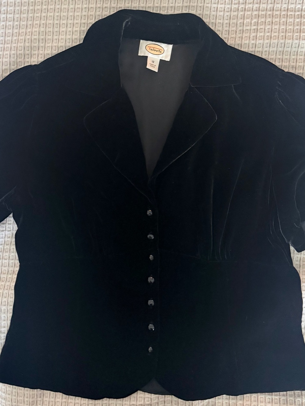 Talbots Black Velvet Short Sleeve Faceted Button-Front Blouse
